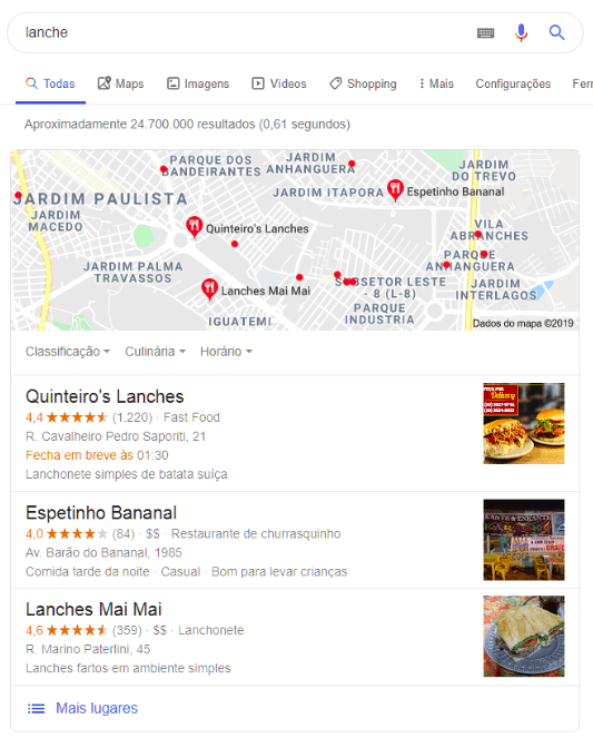 Resultado de negócios locais exibidos no Google