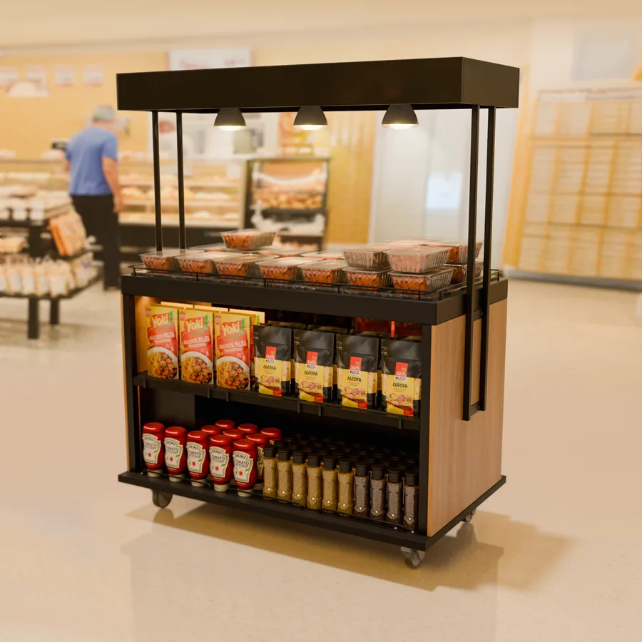 Expositor Mesa quente para Rotisserie no setor de padaria do supermercado