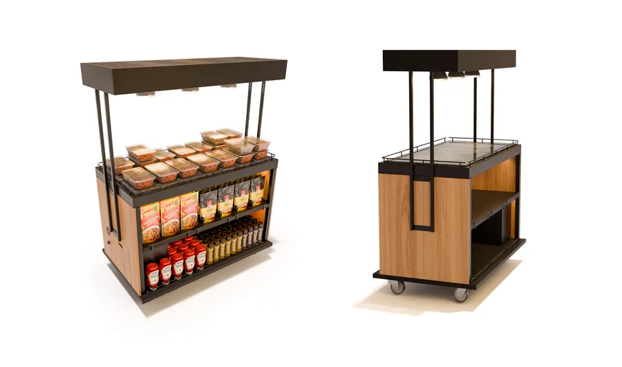 Mesa aquecida para Rotisserie expondo marmitas prontas