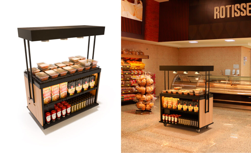 Mesa quente Flamma para Rotisserie - Expositor para supermercados